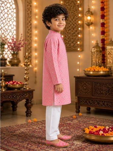 Image of Superminis Baby Boys Silver Foil Printed Cotton Kurta, Round Collar, Full Sleeves With White Pyjama