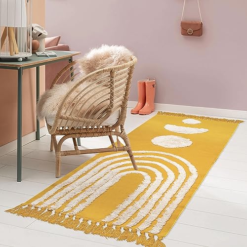 LINROMIA Teppich Läufer Flur 60x150 cm, Boho Gelb Regenbogen Getuftet Baumwollteppich mit Gewebt...
