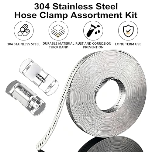 Image of 304 Stainless Steel Adjustable Hose Clamp Kit with 5 Fasteners | 6.6ft cut-to-fit flexible worm gear band, heavy duty pipe strap clamps for plumbing, automotive, and industrial.