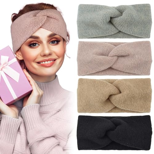 BOOMTOP 4pcs Cinta Pelo Mohair, Banda Gruesa, Venda Nudo, Diadema Invierno Algodón, Cinta Elástica Turbante Con Punto, Diadema Punto Mujer Niña Accesorios Disfraz