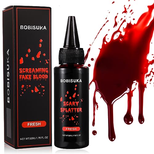 BOBISUKA Sangre artificial de Halloween, 50 ml, sangre falsa que gotea, realista, lavable y segura para carnaval, película, teatro, travesura, heridas simuladas (escarlata)
