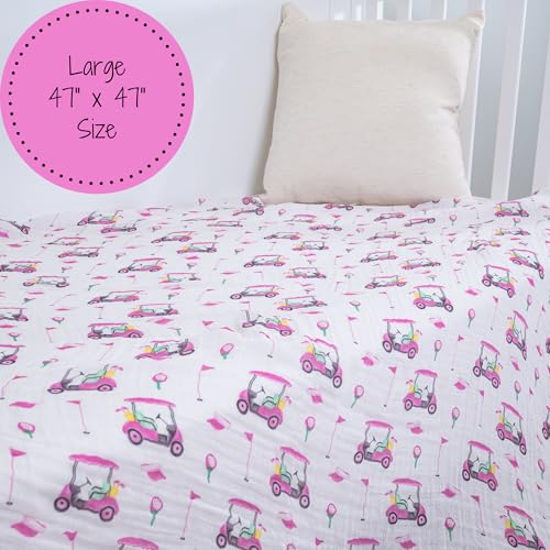 Image of LollyBanks Muslin Swaddle Blankets 2 Pack, 100% Cotton Baby Blanket for Girls, Soft and Breathable 47 x 47 Inches Newborn Receiving Blanket, Newborn Essentials Must Haves (Pink Golf and Pink)