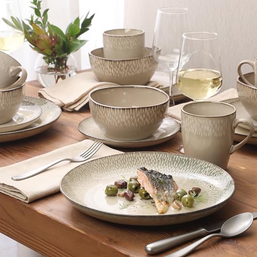 Image of Gibson Elite Jasper 16 Piece Plates and Bowls Reactive Glaze Dishes Stoneware Ceramic Dinnerware Set - Service for 4 - Taupe