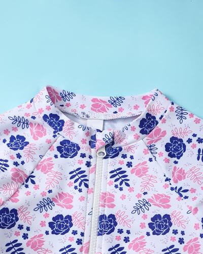 Image of Toddler Girl Swimsuit Baby Girl Bathing Suit Long Sleeve Floral Zipper One-Piece Rash Guard Swimsuit with Hat
