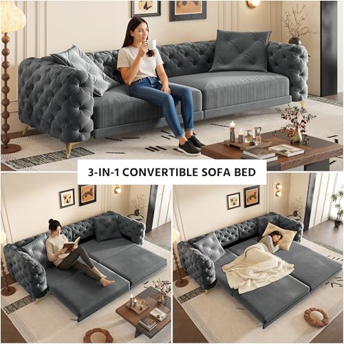 Image of KEIKI 97.7 inch Convertible Sleeper Sofa Bed, 3 in 1 Pull Out Sofa Bed, 4-Seater Button Tufted Couch with Movable Ottoman for Living Room, Bedroom, Apartment, Dark Grey