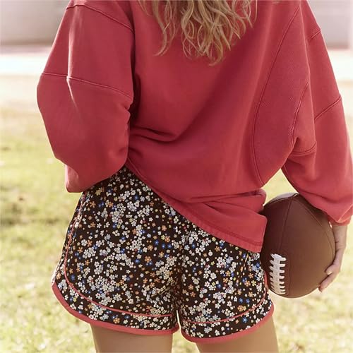 Tenopuli Women Running Shorts Floral Print Athletic Shorts Casual High Waisted Flower Printed Drawstring Wide Leg Shorts4
