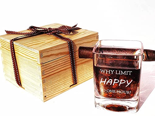 Jezyki Whiskey Glass - Old Fashioned Whiskey Glass With Side Mounted Holder And Engraving Why Limit Happy To One Hour In Elegant Box. Best Gift Set For Men, Dad, Husband, Birthday, Holiday. #TOP18
