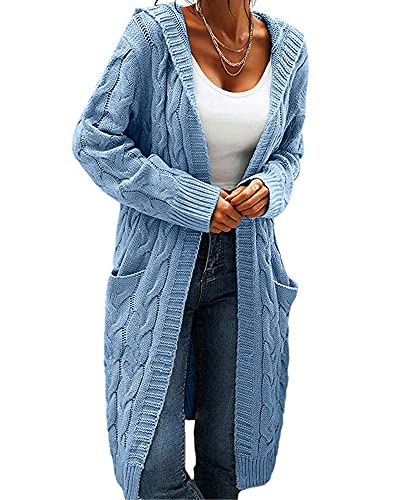 Image of Women Hooded Open Front Cardigan Cable Knit Chunky Long Sweater Coats | solid color, cable knit ,long duster cardigan,chunky coatigan,winter ,falll ,side pockets