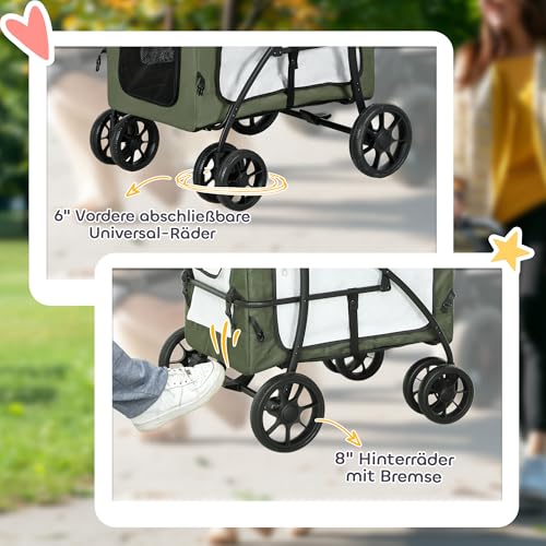 PawHut 2 in 1 Hundewagen Hundebuggy klappbar für Hunde & Katzen bis 10 kg Katzenbuggy mit Kissen Netzfenstern Türen Aufbewahrungskorb Katzenwagen Buggy Dunkelgrün