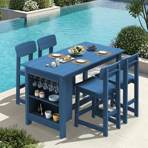SERWALL Outdoor Bar Table and Chairs Set, 5-Piece HDPE Counter Height Patio Dining Sets with Storage and Wine Rack, Rectangular High Top Bar Table with 4 Bar Stools for Garden, Backyard, Blue