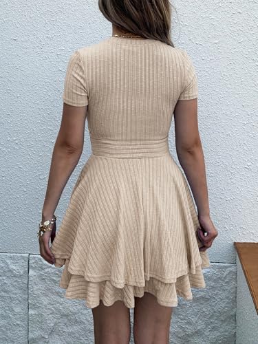 Image of Womens Summer Mini Dresses Short Sleeve Casual Crewneck Knitted Crochet Flowy Tiered Sundress