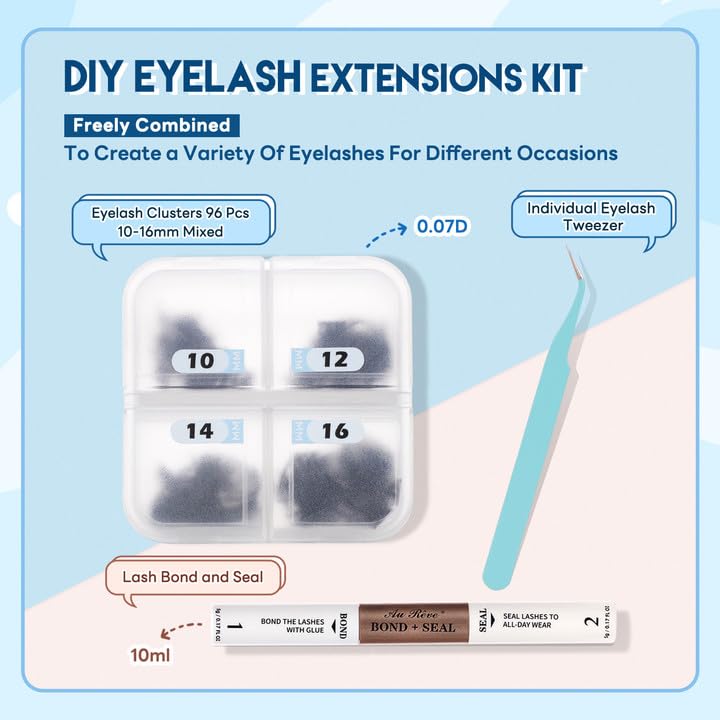 Miniatura 2 de AuReve Kit de extensiones de pestañas, kit de extensiones de pestañas para bricolaje, 96 unidades, 0.07D, 0.43-0.630 pulgadas, mezcladas con unión y