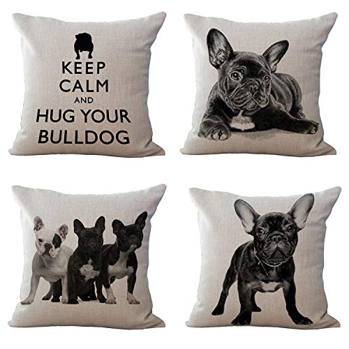 Hengjiang 4 pièces Housse de Coussin décorative en Lin Motif Bouledogue français