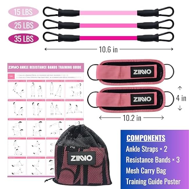 ZINNO Ankle Resistance Bands-Short Booty Bands for Women, Glutes Workout Equipment Set with Cuffs, Straps-for Heavy Leg Training, Pink Weights for Exercise Mats Home Workout