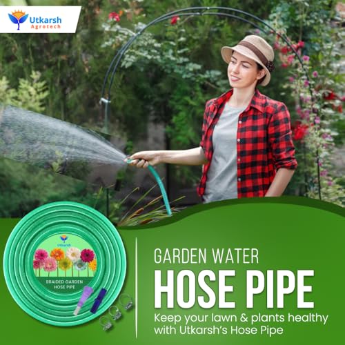 Image of Utkarsh Heavy Duty PVC Braided Water Hose Pipe - 10 Meter / 0.5 inch, with 1 Tap Adapter, Connector & 3 Clamps for Garden, Car Wash, Floor Clean, Pet Bath, Easy to Use Indoor /Outdoor (32.8 feet)
