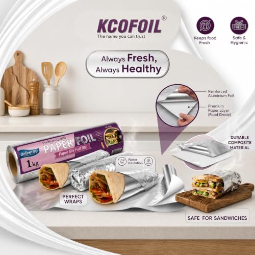 Image of 2-in-1 Paper & Silver Aluminium Foil Roll (1kg Net) | Greaseproof & Heat Retention | Keeps Food Fresh | Perfect for Wrapping, Packing, Storing & Serving