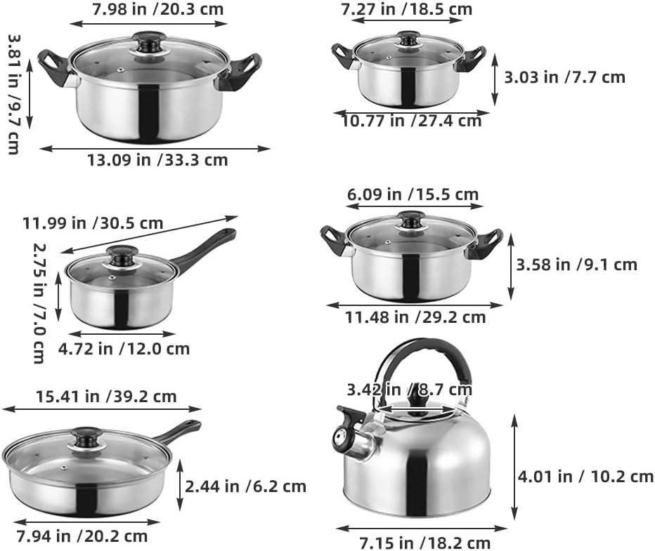 12pcs Kitchen Induction Cookware Set Includes Stainless Steel Milk Pan Frying Pan Stockpot Kettle with Lids Non Stick Cooking Cookware