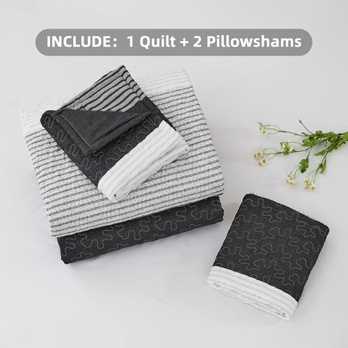 Image of Andency Oversized Queen Quilt Bedding Set, 98x98Inch Black White Stripe Bedspread Coverlet 3 Pieces, Soft Lightweight Grey Patchwork Quilted Bed Set for All Season (1 Quilt, 2 Pillowcases)