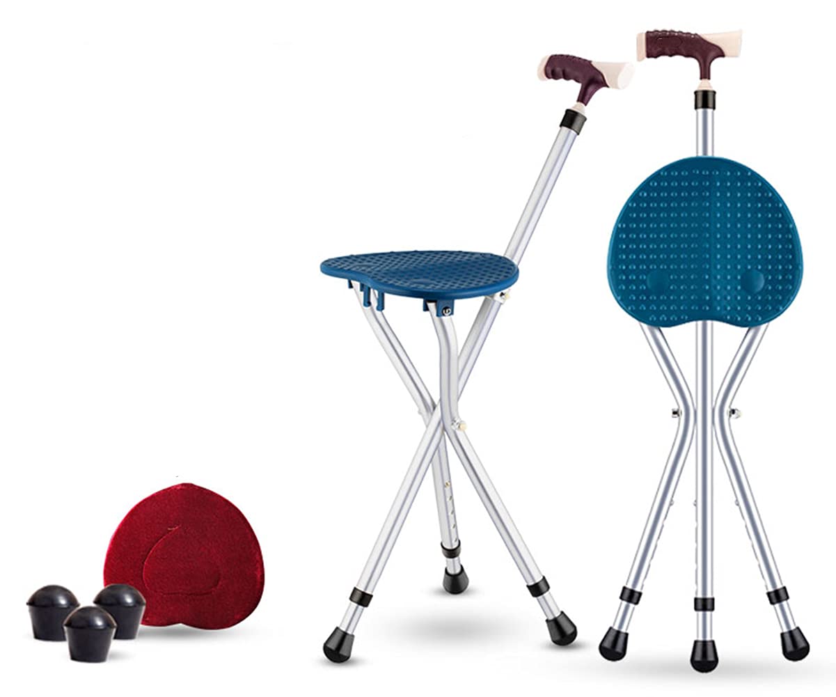 Bastone Da Passeggi Sedia, Ultraleggero Portatile Bastone Con Seggiolino, Manico Forma A T Antiscivolo Stabile Aiuto Alla Mobilità Regolabile Altezza Bastone Tripode,Blu
