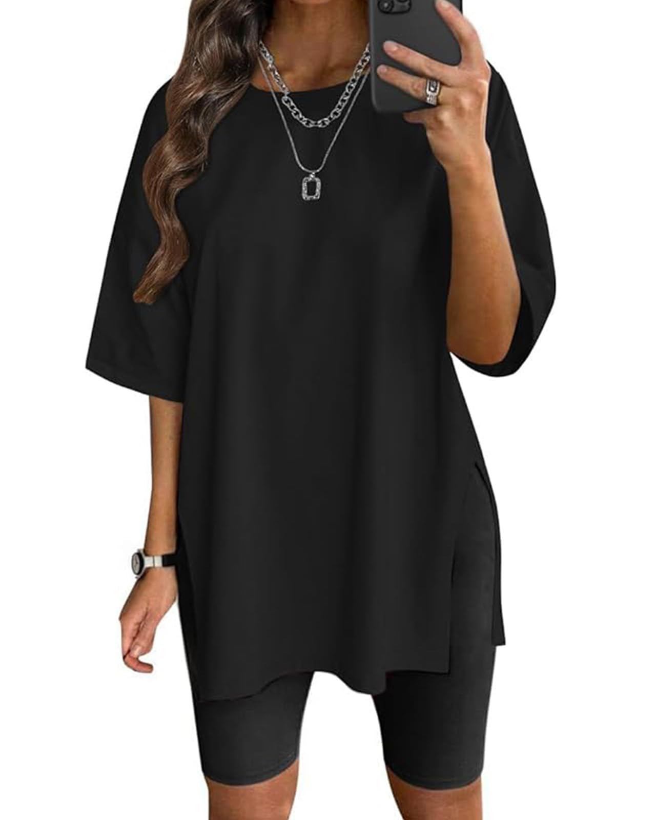 Damen Oversized T-Shirt Große Größen Tees Tops Seite Split Kurzärmliges Loose Fit
