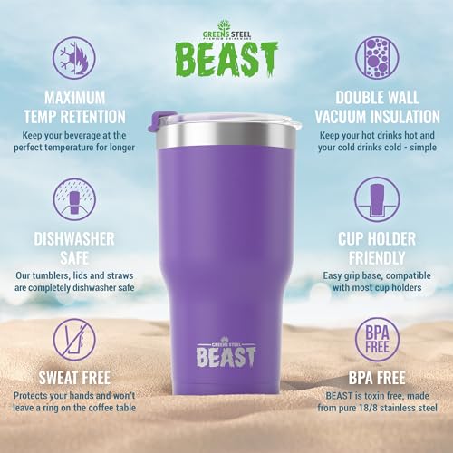Image of Beast 30 oz Tumbler Stainless Steel Insulated Coffee Cup with Lid, 2 Straws, Brush & Gift Box (30 oz, Deep Purple)