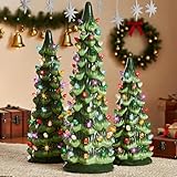 Retro Hand-Painted Tabletop Christmas Trees with Timer, Set of 3 Pre-Lit Ceramic Christmas...