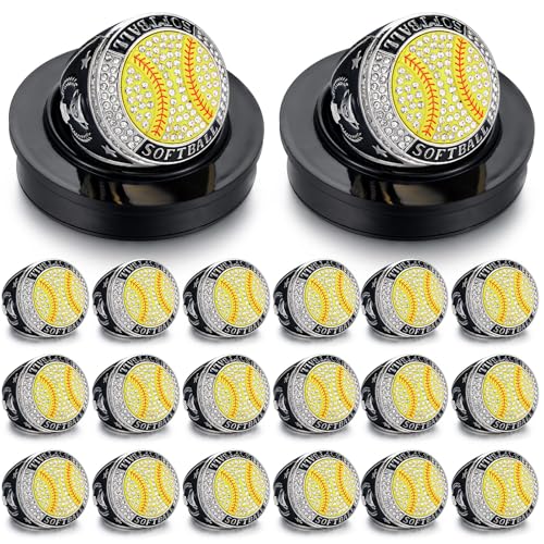 Highergo 20 Pcs Football Basketball Softball Championship Rings with Display Neck Chain and Stand Baseball Volleyball Soccer Cheer Trophy Rings Bulk for Tournament Award Gift(Silver,Softball)