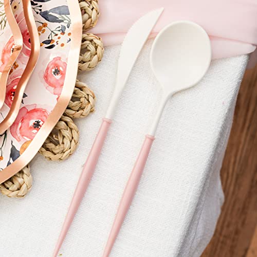 Sophistiplate Bella Flatware Cutlery Set For 12 | Fork, Spoons & Knives Silverware Utensil Set | Reusable Dinnerware Sets Plastic & Top Rack Dishwasher Safe | White Flatware With Blush Handles36 Count #TOP4