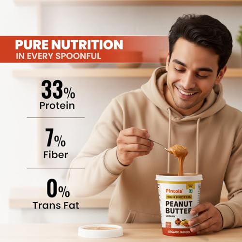 Image of Pintola HIGH Protein ORGANIC JAGGERY Peanut Butter Creamy 510g with 33g Protein & 7g Fiber, Whey Protein Peanut Butter, Gluten Free, Zero Added Salt, Cholesterol Free, 100% Roasted Peanuts (Pack of 2)