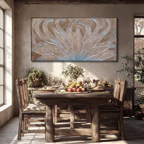 Image of Brown Oil Painting Wall Art Botanical Neutral Floral Flowers Framed Wall Decor Abstract Canvas Pictures Large Artwork for Bedroom Office 29x58 In