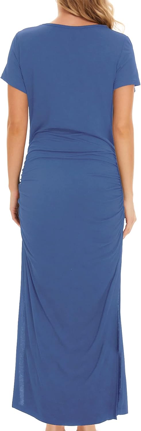 Smallshow Women's Split Long Maternity Dress Short Sleeve Ruched Pregnancy Clothes - Image 4