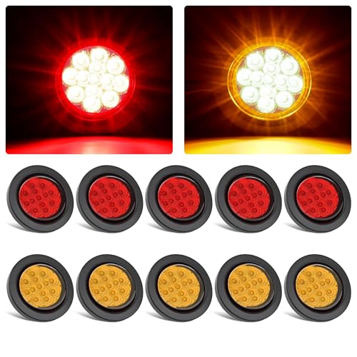 Ronybuy 10Pcs 2.5 13 LEDs Round Trailer Marker Lights w/Reflectors 5 Amber + 5 Red Sealed 2.5 Inch Clearance LED Side Marker Lights for Trucks Trailer RV Flush Mount w/Rubber Grommet 2-Prong Wire