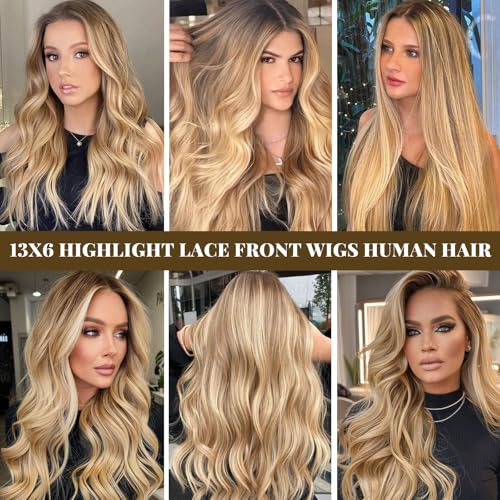 Image of Belaved Highlight Lace Front Wig Human Hair No Shedding Salon-QualityHD Frontal Real Human Hair Pre Plucked Glueless 180% Density Balayage 13x6 Straight Wigs for Women 20 Inch