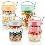 4 Pack Overnight Oats Jars, Reusable Overnight Oats Container with Lid and Spoon, 14oz (430 ml) Large Capacity Glass Jars with Screw lids,Airtight Breakfast Jar, for Cereal, Salad, Fruit, Pudding