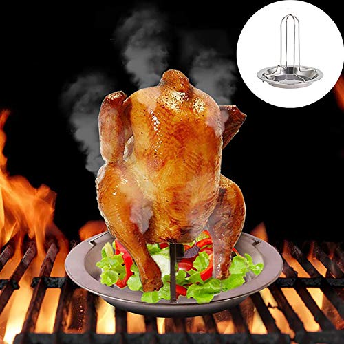Pliage Poulet Grile De Torréfaction,Verticale Porte-Poulet avec Drip Pan,Antiadhésive Acier Inoxydable Gril Stand Torréfaction pour Côte BBQ Accueil&Camping-Blanc 16.5x17cm(6x7inch) Cover