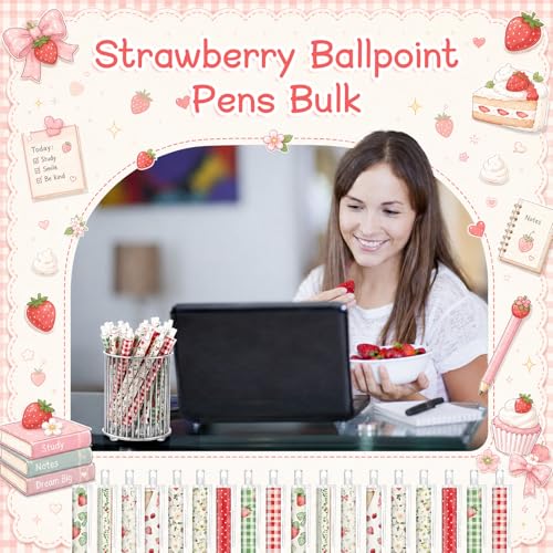 Image of Jetec 108 Pcs Back to School Strawberry Pens Bulk Aesthetic Retractable Office Strawberry Supplies First Day of School Gift for Student Women Teacher Staff Employee Office Berry Party Favors