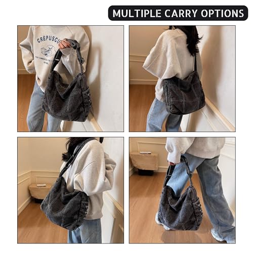 Women's Denim Shoulder Bag with Multi-Pockets Durable Jean Hobo Crossbody Bag for Daily Use Travel4