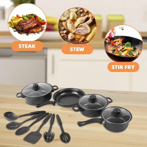 Image of Non-Stick Pots & Pans Set | 13-Piece Kitchen Cookware Set | Black Thirteen Piece Set of Pot, Non Stick Soup Pot, Milk Pot, Frying Pan, Multiple Cookware Set for Home & Daily Cooking