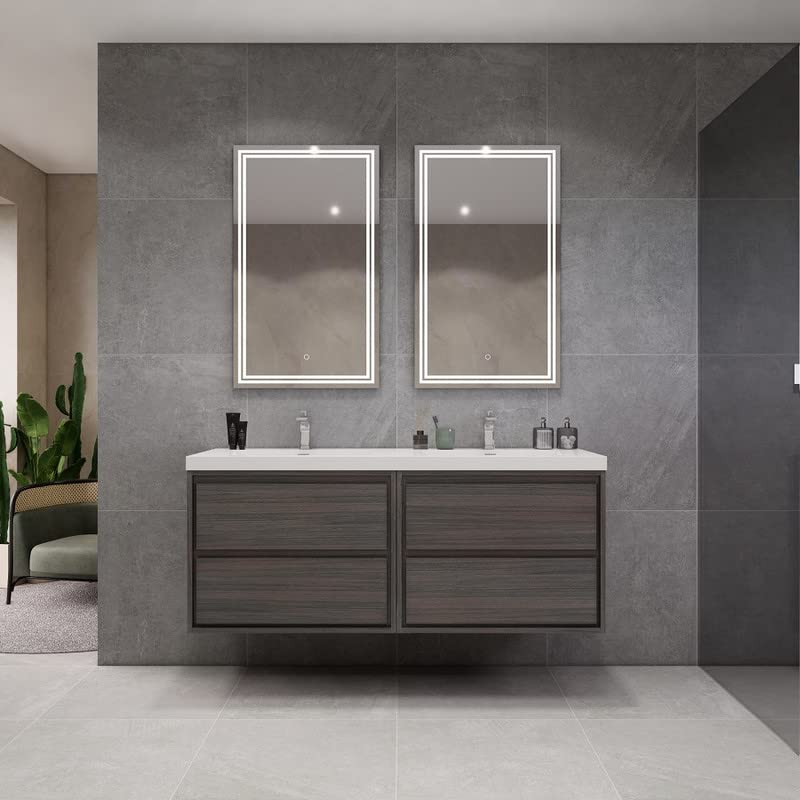 SAGE 60" Double Sink Wall-Mounted Modern Bathroom Vanity with Countertop – Fully Assembled Floating Cabinet – Predrilled Sink Hole-Contemporary Minimalist Bathroom Furniture (60DD)-Light Oak