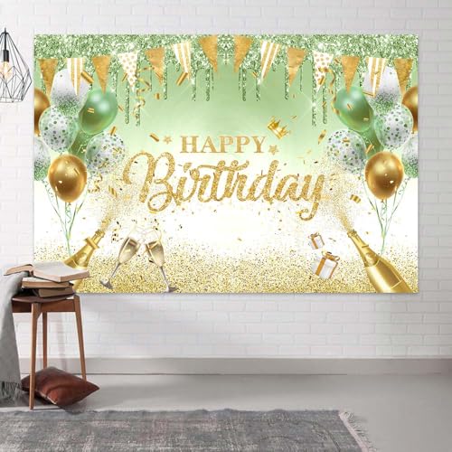 Image of Sage Green Birthday Banner - 71 x 43 Inch Green Glitter Ballon Photography Background Women Girls 18th 20th 21st Birthday Party Banner Decorations Supplies Photo Booth Props