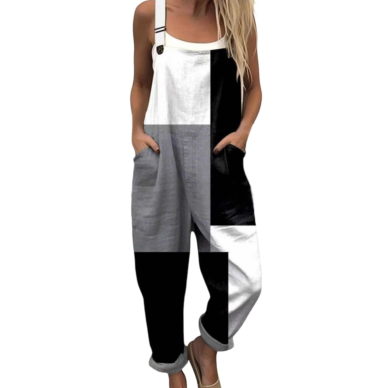 Generico Salopette Donna Estiva Lunga Elegante Tuta Jumpsuit Intera Curvy Casual Moda Stampa Jumpsuits Comoda Larga Pantaloni Da Lavoro Con Tasca Leggera Baggy Salopette da Casa, Playsuit Spiaggia