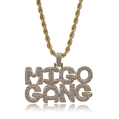 HECHUANG Micropave Simulated Diamond Iced Out Custom Bubble Letters MIGOGANG Initial Pendant with Rope Chain Hip Hop Necklace (Gold, 24)