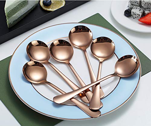 Rose Gold Soup Spoons, Kyraton 6 Pieces Stainless Steel Round Spoons With Rose Gold Titanium Plating, Rose Gold Dinner Spoon Table Spoon, Spoons Silverware Dishwasher Safe Set Of 6 #TOP2