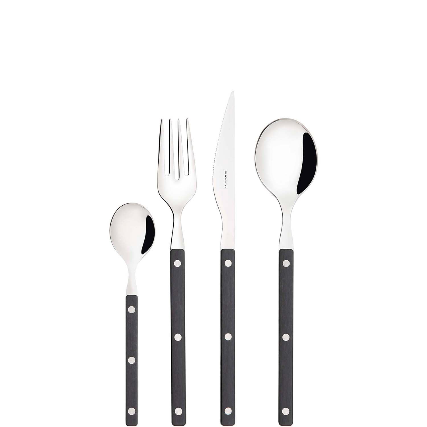 BUGATTI, Allegra, Ménagère de 24 couverts en acier inoxydable 18/10, Service de couverts pour 6 personnes comprenant 6 cuillères, 6 fourchettes, 6 couteaux et 6 cuillères à café. (Noir)