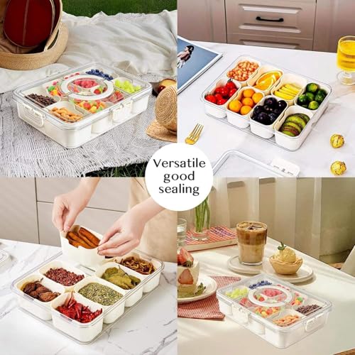 Image of Divided Fridge Storage Box with 8 Compartment | Veggie Tray for Refrigerator Organizer with Lid Handle Removable Baskets | Fruit Storage Container Kitchen Organizer