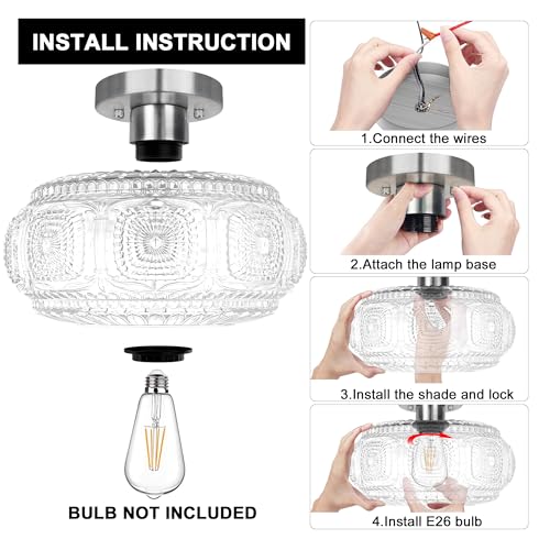 Image of 11 Inch Globe Glass Semi Flush Mount Ceiling Light Fixture, Nickel
