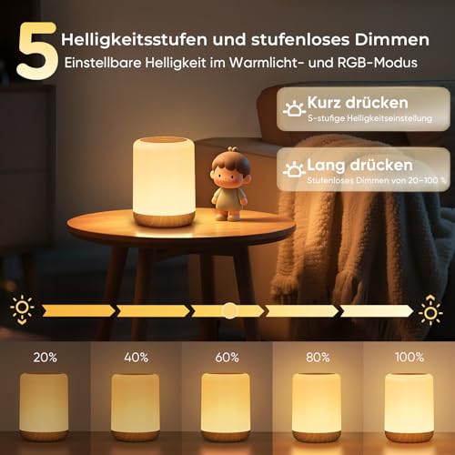 VIWAVE Nachttischlampe Touch Dimmbar, Nachtlicht Kinder 256 RGB Farbwechsel & 3 Modi, Stilllicht mit Timer & Speicher… – Ansicht 3