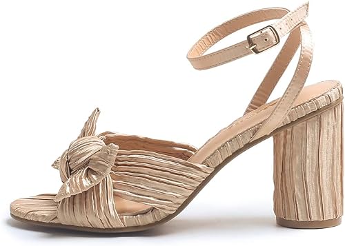 Miniatura 3 de Amoji Sandalias de tacón de bloque de satén para mujer, 3 a 4 pulgadas, correa de tobillo plisada con lazo para boda, fiesta, zapatos de vestir 302