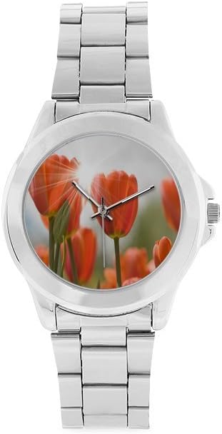 Custom Red Tulips Flower Unisex Stainless Steel Watch