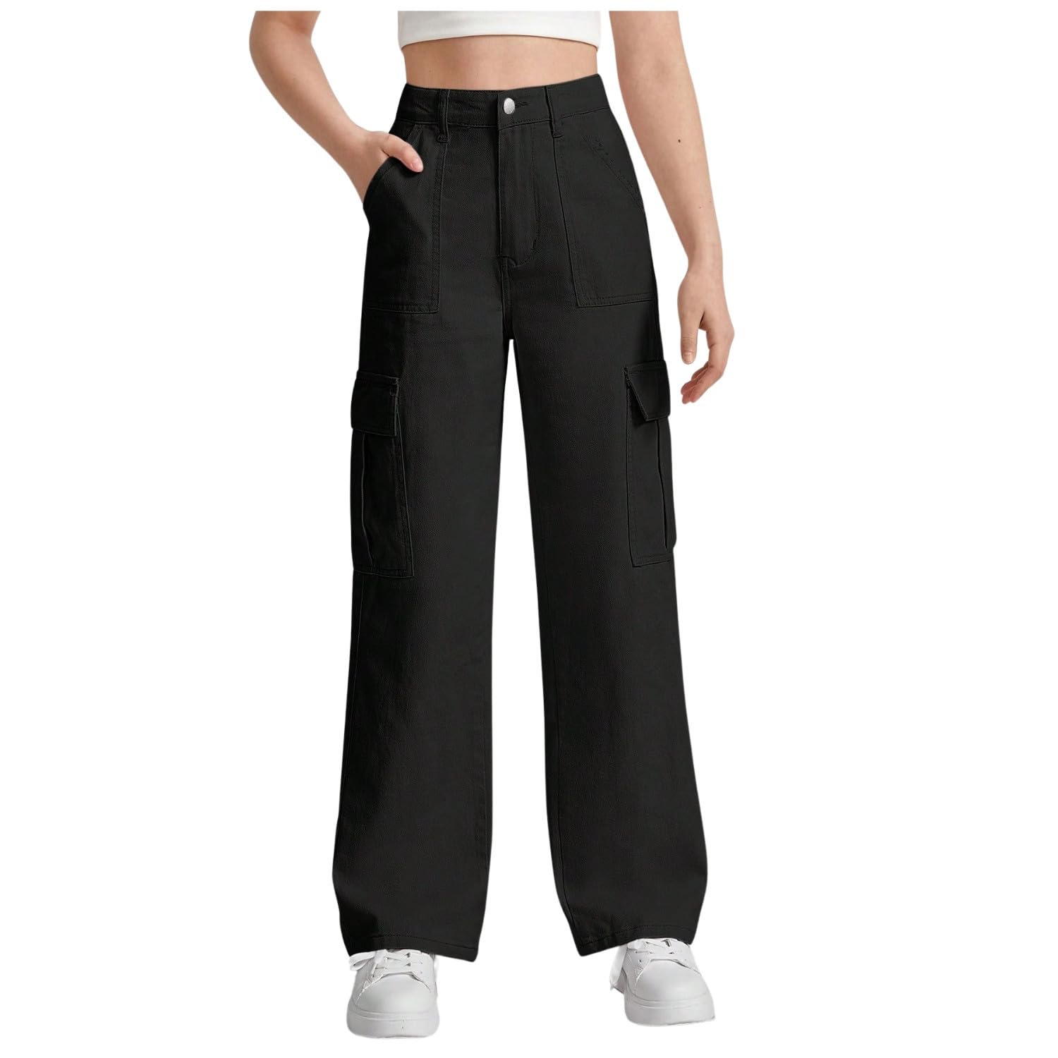 nucouths Women High Waist Relaxed Fit Casual Cargo Jeans (Black, 6 Pocket)-picture-12